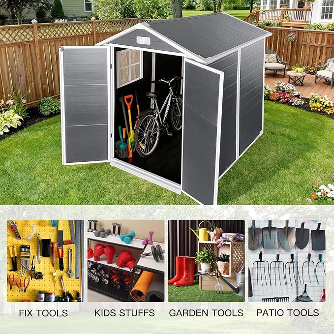 YOPTO 6x6 FT Storage Shed,Plastic Outdoor Storage Shed with Floor and Lockable Door,Waterproof Garden Shed W/Windows & Vents,Sloped Roof,Tool House for Storing Bicycles,Lawnmowers,Gray