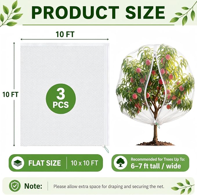3 Pack 10 x 10 ft Large Fruit Tree Netting Covers with Zipper & Drawstring, Extra Fine Mesh Garden Netting for Blueberry Peach Apple Trees, Protects Fruit from Birds, Squirrels, Deer, Cicadas, Beetles