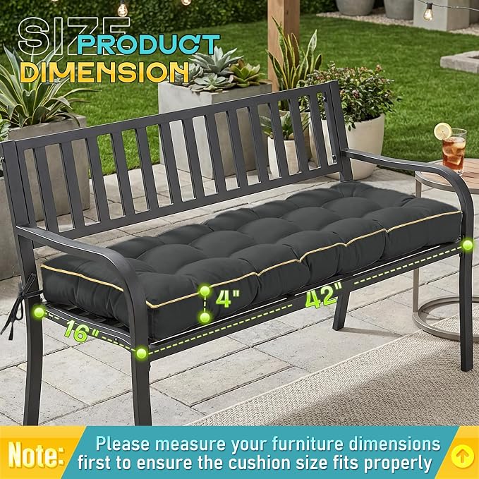 Outdoor Bench Cushion, Tufted Patio Seat Pad for Garden Bench, Porch Swing, Indoor/Outoor Furniture (Grey, 42X16X4)