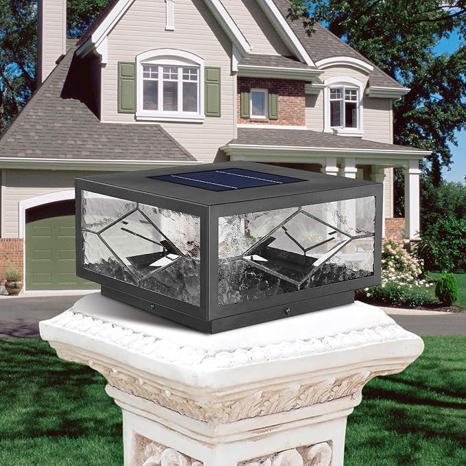 Solar Fence Post Lights Outdoor Waterproof LED with Remote Control, Solar Panel Powered Dusk to Dawn Cap Pillar Lighting, Waterproof Fence Post Cap Light for Deck Garden Patio Porch