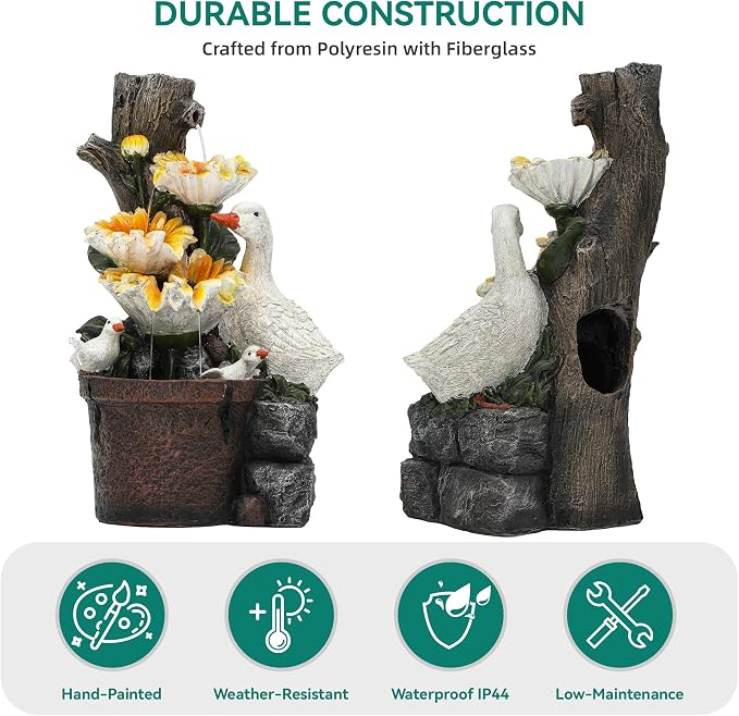 AUTODAYA 19" Water Fountain Indoor Outdoor, 4-Tier Sunflower & Duck Design with LED Lights and Cascading Waterfalls, Rustic Decor for Garden, Yard, Patio, Flowerbed & Farmhouse