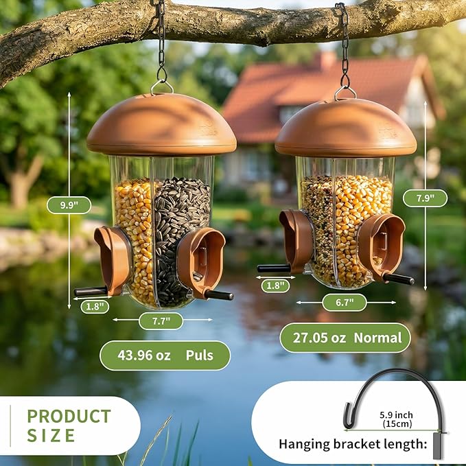 LONA Bird Feeders for Outdoors Hanging – 3 Separate Compartments, 3 Feeding Ports, Weatherproof Dome & 3 Ways to Hang, Large Capacity for Cardinals/Finches (Brown