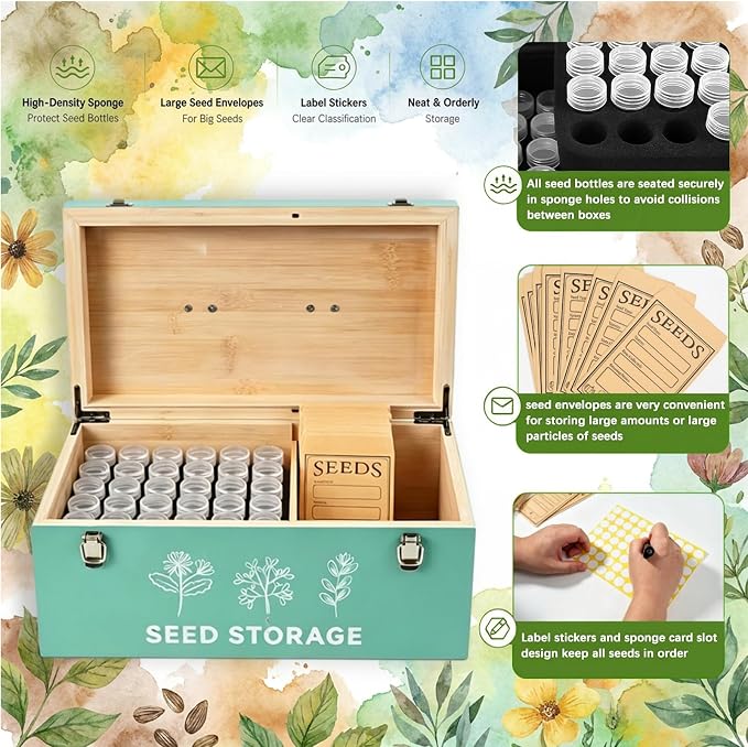 60 Slots Seed Storage Organizer, Bamboo Seed Saving Box with Lid and Safety Locks, Seeds Storage Container with 60 Seeds Envelopes and 64 Label, Perfect for Flower Plants Garden