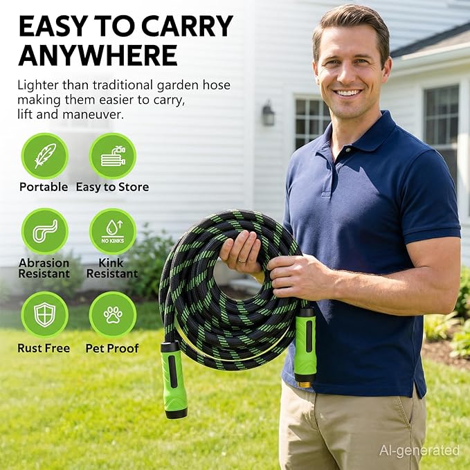 NON-EXPANDABLE Garden Hose 50 FT, Heavy Duty Steel Metal Flexible Water Hose with 10-Function Spray Nozzle, Durable Fabric Skin, No Kinks & Leak-Proof with Upgraded Handle