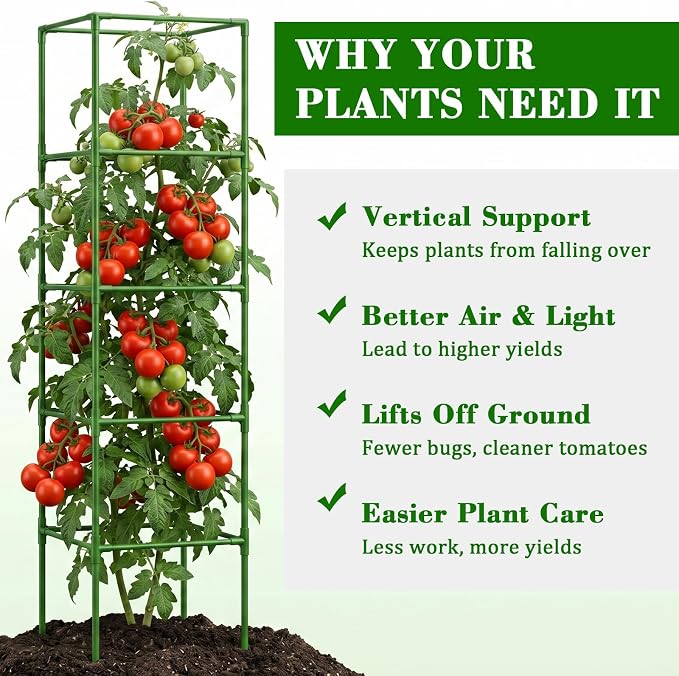 ZeeDix 72 Inches Heavy Duty Tomato Cages, 2 Pack Square Adjustable Tomato Trellis with 40Pcs Clips, Extra Tall Plant Support Stakes for Climbing Vegetables, Flowers, Raised Garden Bed & Pots