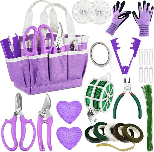 207 Pcs Flower Arrangement Supplies Florist Garden Tool Gift Kit for Women Mother's Day Include Purple Tool Bag Thorn Remover Rose Stripper Outdoor Hand Tools Stem Pruning Shear Gloves Stem Wire Etc