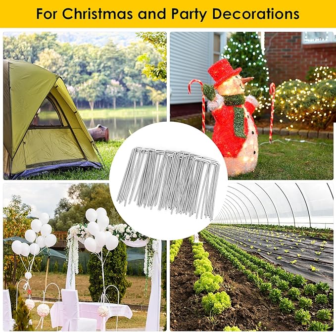 CEWOR 100 Pack Landscape Staples 4 Inches, Galvanized Garden Stakes Landscape Staples Fabric Pins Lawn Stakes for Barrier Fabric, U-Type Heavy Duty