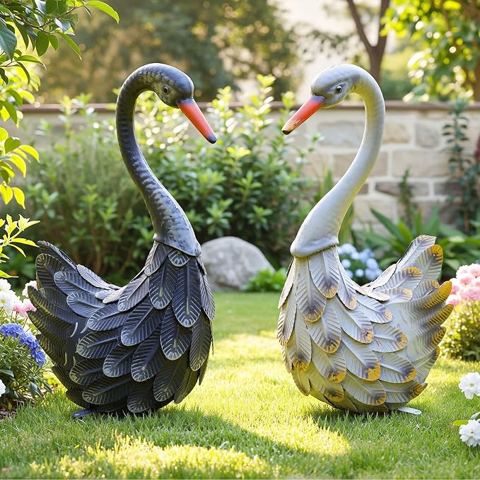 19" Swan Statue Set of 2, Handcrafted Lifelike Metal Swan Sculptures with Ground Stakes, Weatherproof Large Swan Figurines for Garden Patio Yard Decor, Gifts for Women Wedding Housewarming