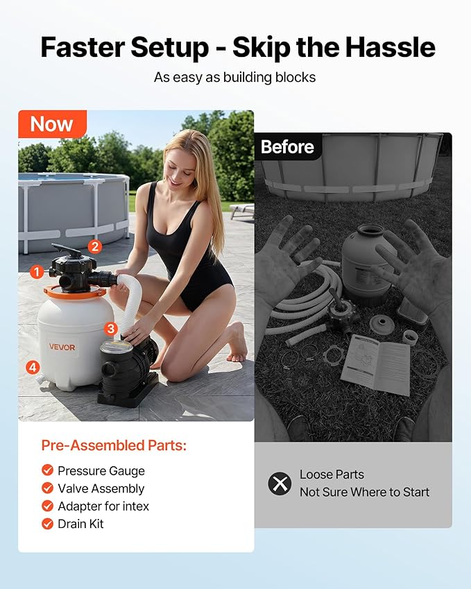 VEVOR 12" Sand Filter Pump for Above Ground Pools Up to 15000 Gallons, 0.33 HP 3000 GPH Pool Filtration System, Pre-Assembled Core for Easy Setup, Leak-Resistant Design & 6-Way Valve