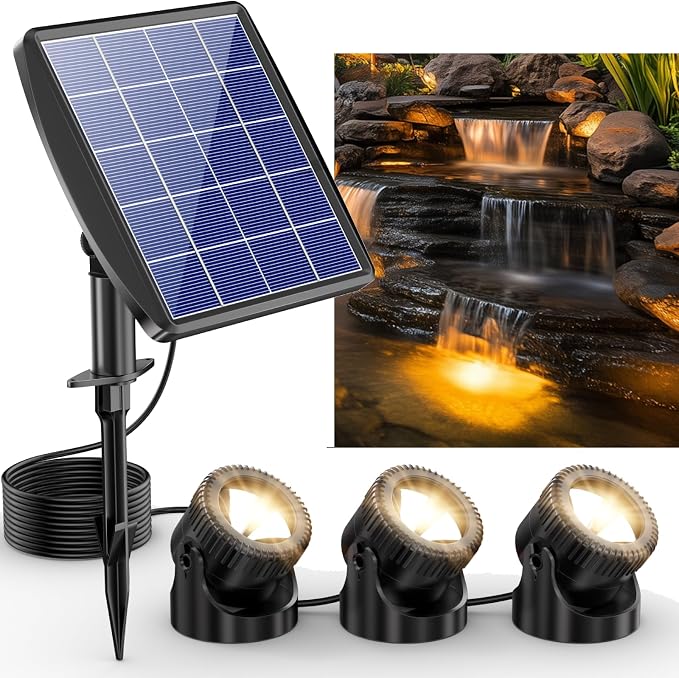 POPOSOAP 3-in-1 Solar Pond Lights, Warm White Underwater Pond Lights, IP68 Waterproof LED Fountain Lights for for Pond, Fountain, Pool Waterfall Decoration Garden Patio (3 Lights)-P63H