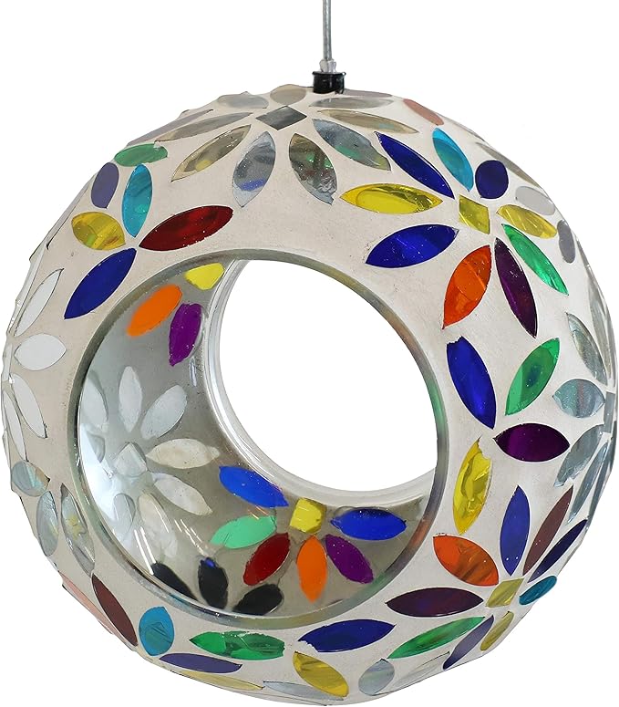 Sunnydaze 6-Inch Glass Mosaic Hanging Bird Feeder for Outdoors - Fly-Through Glass Bird Feeder for Cardinals, Jays, Finches and More - Rainbow Daisies