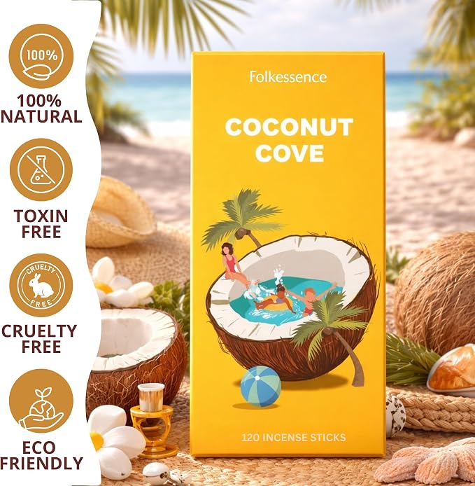 Folkulture Incense Sticks (120 Sticks) | Coconut Summer Vibes Incense for Meditation, Aromatherapy & Stress Relief| Long Burning, Charcoal-Free, Non-Toxic Incense for Summer Teacher Gifts
