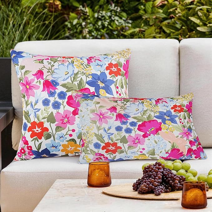 Adabana Spring Outdoor Waterproof Floral Pillow Covers Set of 2 Square Colorful Couch Cushion Cases 20x12 Inch Waterproof Decorative Pillows for Patio Garden Beach,Pink