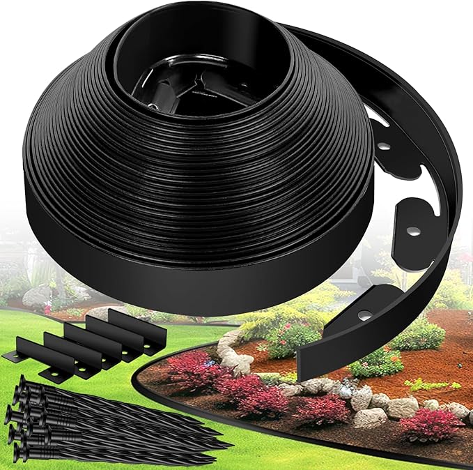 Landscape Edging Border - 1.5”x80’ Garden Edging Border with 100 Stakes, No Dig Lawn Edging for Landscaping for Garden Bed, Thickened Top Edge Flexible Flower Bed Border Edging for Outdoor