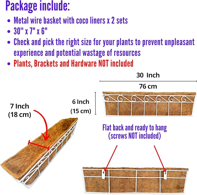 LaLaGreen Wall Mounted Planters (2 Pack, 30 Inch) Window Flower Boxes Basket Outdoor, Balcony Planter Over the Rail, Deck Railing Hanging with Coco Liners, White Metal Horse Troughs Fence Patio Porch