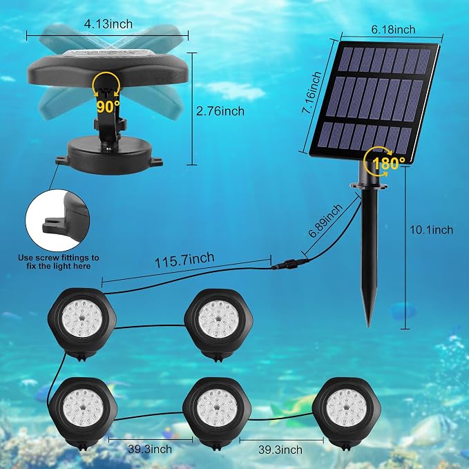 Solar Pond Lights, 18 LED Super Bright RGB LED Underwater Spotlights Color Changing Submersible Pond Light IP68 Waterproof Fountain Lights for Fish Aquarium Tank Garden Yard Pool (5-in-1)