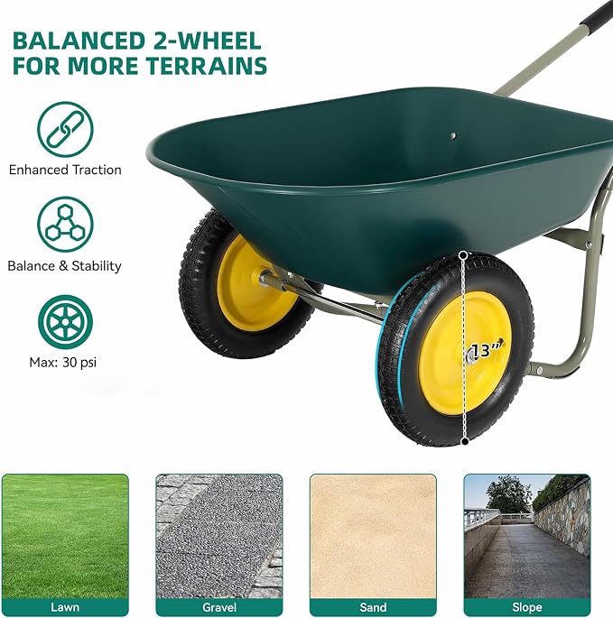 2 Wheel Wheelbarrow, Dual-Wheel Garden Dump Cart with 13" Non-Slip Pneumatic Tires & Ergonomic Padded Handle, Heavy-Duty Home Utility Yard Cart Wagon with 4.5 Cu Ft Capacity for Lawn, Gardening