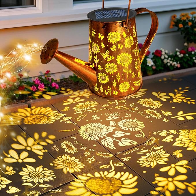 VOOKRY Solar Lights Outdoor Decoration, Large Retro Hanging Metal Solar Watering Can Lights Waterproof Sunflower Garden Decor Outside for Yard Lawn Patio Porch, Gifts for Women Mom Mother's Day