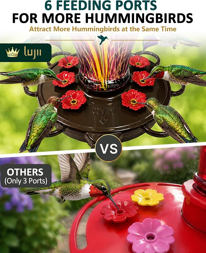 LUJII Smart Hummingbird Feeder with Camera, Hand Blown Glass for Outdoor Hanging, Solar WiFi Feeder with Live View App, 6 Feeding Ports, Leak-Resistant Design, Ant Moat & Gift Box, 32 fl oz, Purple