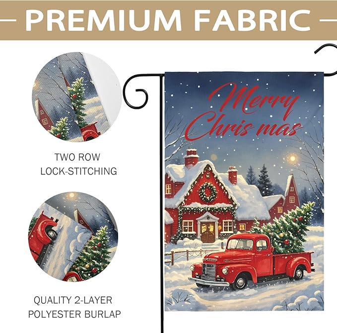 Merry Christmas Garden Flag 12x18 Inch Red Truck House Xmas Winter Holiday Seasonal Theme Decorative Yard Flags for Outside Double Sided Outdoor Home Farmhouse Decoration Porch Decor