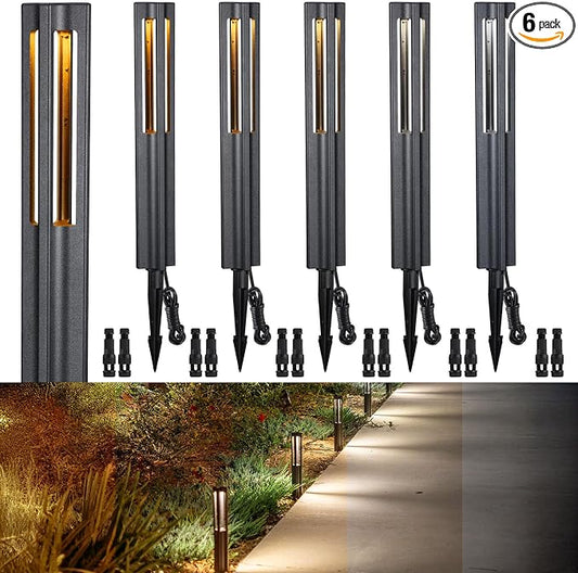 LEONLITE 6-Pack 3W 5CCT LED Low Voltage Path Lights Aluminum Black | LED Landscape Pathway Lights, Outdoor Landscape Lighting, 1800K2700K3000K4000K5000K Selectable, 12-24V, ETL, IP65 Waterproof