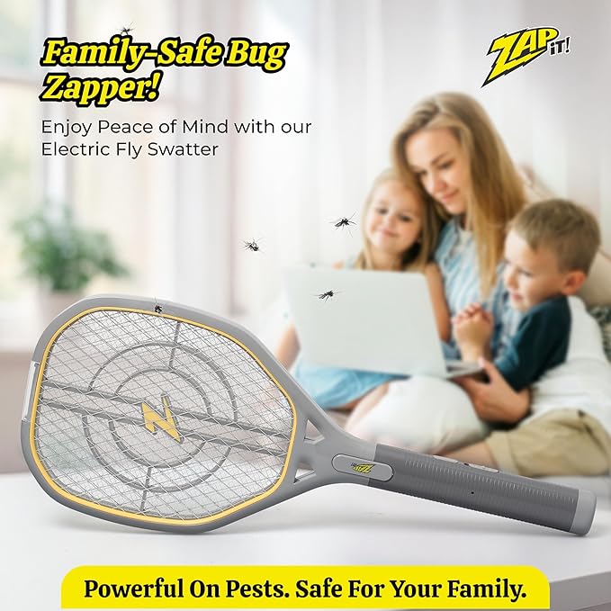 ZAP IT! Rechargeable Electric Fly Swatter Racket - 4,000-Volt Mosquito Zapper with USB Charging and LED Light - Large - Safe 3-Layer Mesh Bug Zapper Racquet for Indoors and Outdoors - Yellow