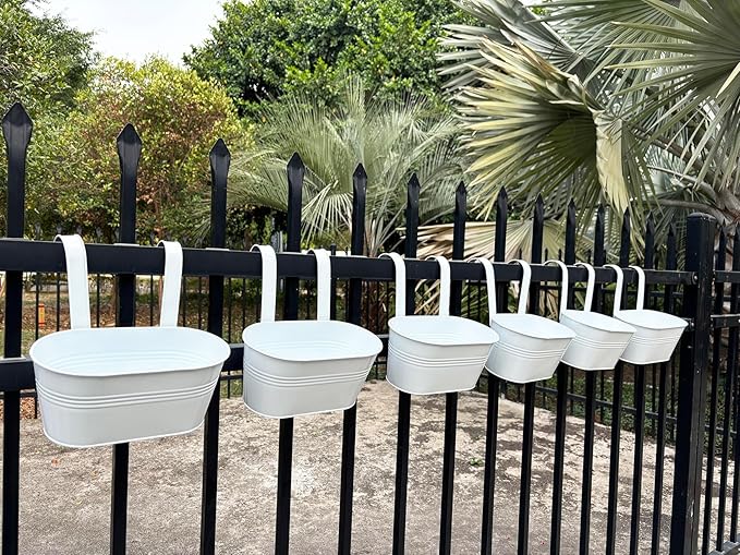 12" Balcony Railing Planters, Outdoor Hanging Planter for Fence, Stylish Metal Porch Deck Flower Pot for Herbs & Succulents (White, Pack of 6)