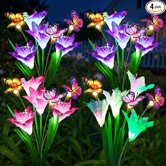 KOOPER Solar Lights Outdoor Garden Decor 4 Pack, 16 Lily Flowers and 12 Swaying Butterflies, IP65 Waterproof 7 Color Changing Solar Flower Lights for Yard Patio Pathway, Gifts for Mom Women Grandma