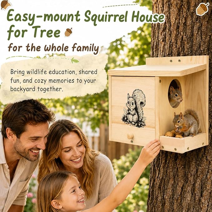Large Squirrel House for Outside, Squirrel Nesting Box with Squirrel Feeder | Anti-Predator Solid Wood Squirrel Box for Backyard, Waterproof Squirrel feeders for outside, Easy to Assemble,14×11×7.5 Inch
