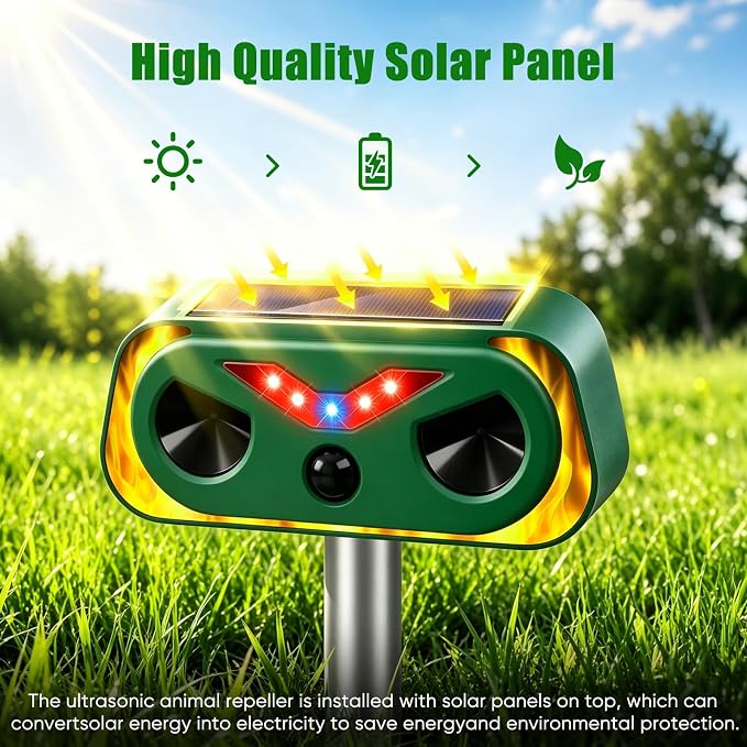 2026 Upgraded Solar Ultrasonic Animal Repellent Outdoor, Waterproof Deer Cat Dog Squirrel Raccoon Rabbit Deterrent with Motion Sensor & Flashing Light for Yard Garden Lawn Farm (4-Pack)
