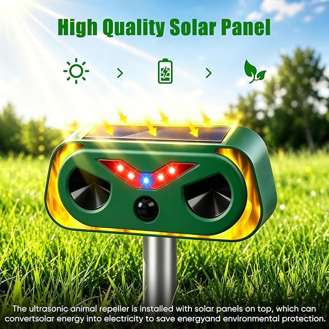 2026 Upgraded Solar Ultrasonic Animal Repellent Outdoor, Waterproof Deer Cat Dog Squirrel Raccoon Rabbit Deterrent with Motion Sensor & Flashing Light for Yard Garden Lawn Farm (2-Pack)