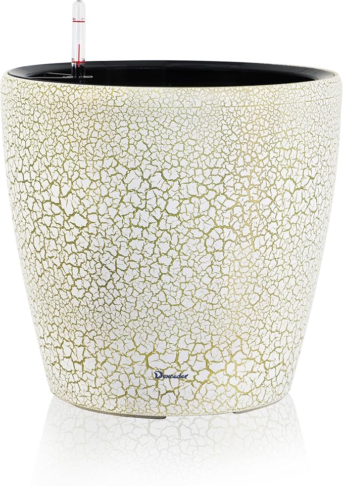 Dexceder 13x12 Self Watering Planter with Wheels (White Gold Crackle) | Inner Pot Design, Thickened Large Floor Standing Flower Plant Pot with Water Level Indicator Indoor Outdoor