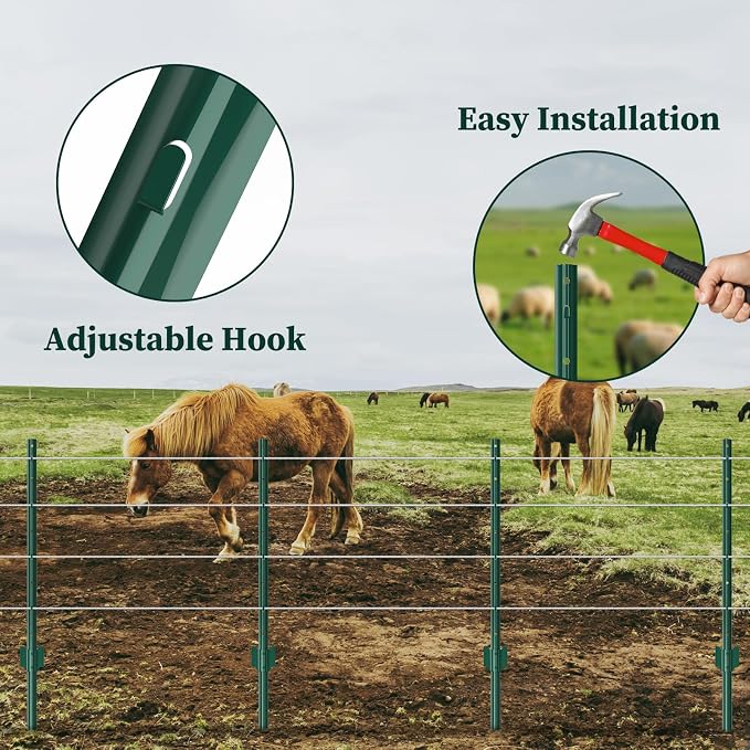 10 Pack Metal Garden Fence Posts 5 FT Green – Heavy Duty U-Post for Wire Fencing, No-Dig Fence Stakes for Temporary Fencing, Corner Anchor Posts, Rustproof Powder-Coated Steel for Farm, Yard & Garden