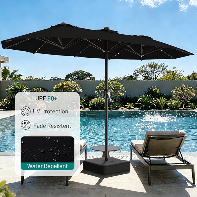 AreShark 15FT Patio Umbrella with Solar Lights, Double Sided Outdoor Table Umbrellas with Crank, Large Rectangular Market Umbrella for Porch, Lawn, Pool, Backyard, Black