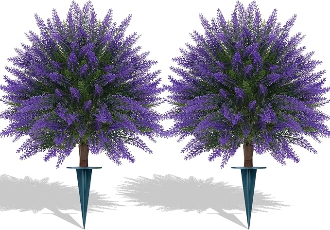 Grooy Artificial Lavender Topiary Ball, Set of 2 Artificial Boxwood Shrub Bushes with Ground Spike, Fake Evergreen Tree for Porch, Artificial Plants for Outdoor Planters Indoor UV Resistant