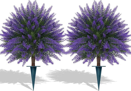Grooy Artificial Lavender Topiary Ball, Set of 2 Artificial Boxwood Shrub Bushes with Ground Spike, Fake Evergreen Tree for Porch, Artificial Plants for Outdoor Planters Indoor UV Resistant