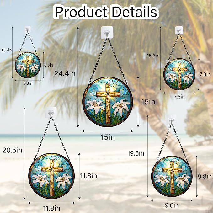DASTOLL Christian Gifts for Women - Cross Stained Glass Window Hanging Jesus Easter White Lily Flower Sun Catcher Garden Religion Decor Mother's Day Catholic Gift for Men Grandma Mom Her Nana 6.3"