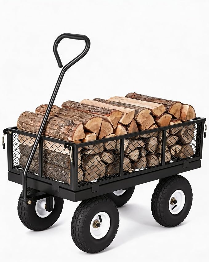 GarveeTech 400LBS Heavy Duty Steel Garden Cart, Garden Wagon Cart on Wheels, Metal Yard Utility Wagon with Removable Mesh Sides, 10" All Terrain Tires, 180° Rotating Handle for Lawn, Garden, Farm