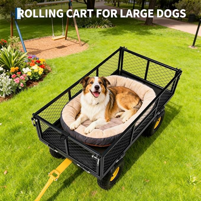 900 Lbs Heavy Duty Steel Garden Cart, Garden Wagon Cart on Wheels, Outdoor Metal Yard Utility Wagon Carts with and Mesh Removable Sides(Convert to Flatbed) and 180°Rotating Handle