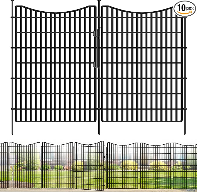 10 Panels Garden Fencing Animal Barrier with Gate, 48 in(H) X 23.6 ft(L) Dog Fence Outdoor for Yard, No Dig Temporary Tall Fence Rustproof Metal Wire Panel Border for Dog, Rabbits, and Patio