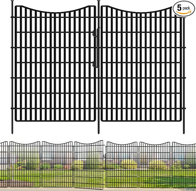 5 Panels No Dig Outdoor Garden Fence for Yard, 48 in(H) X 12 ft(L) Animal Barrier Fence with Lock, Tall Metal Garden Fence Panels, Temporary Fence Outdoor for Yard, Dog, Rabbits