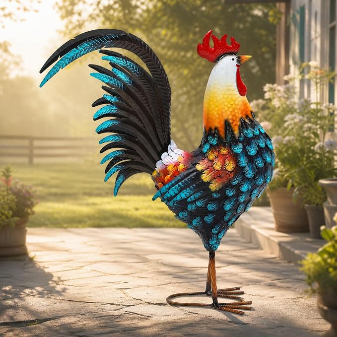32" Metal Rooster Yard Decor, Large Outdoor Garden Statue | Outdoor Chicken Sculpture, 3D Hand-Painted, Rustic Farmhouse Style, Weather Resistant Iron, Backyard Patio Lawn Garden