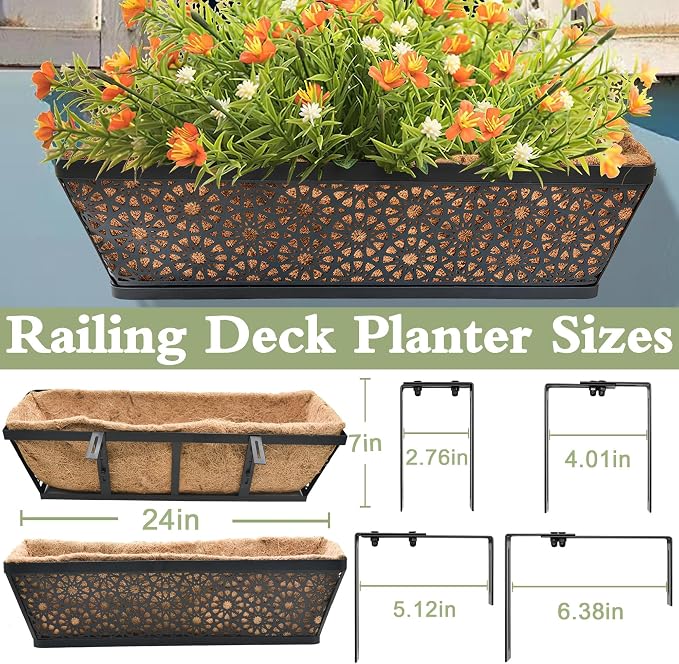 Black Metal Railing Planter Window Box (2 Pack, 24 Inch) Horse Trough Planter with Coco Fiber Liner Deck Balcony Rail Planters for Porch Fence Patio Outdoor Garden Décor