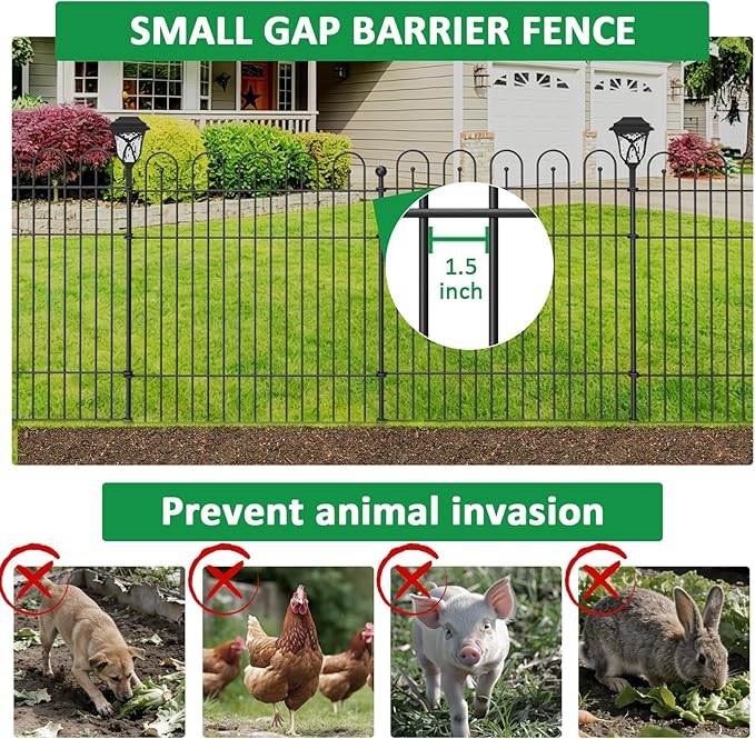 Garden Fence Animal Barrier with Solar Garden Lights, 32 in (H) x23.6ft (L) Decorative Garden Fence, 10 Panels No Dig, Rustproof Metal Temporary Fence, Dog Fence Outdoor for Yard, Patio
