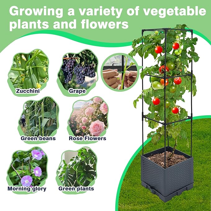 2 Pack Raised Garden Bed Planter Box with Trellis, 44" Self Watering Tomato Planter Box for Climbing Vegetable Flowers and Plants, Tomato Pot for Indoor Outdoor Patio Garden Planter Use