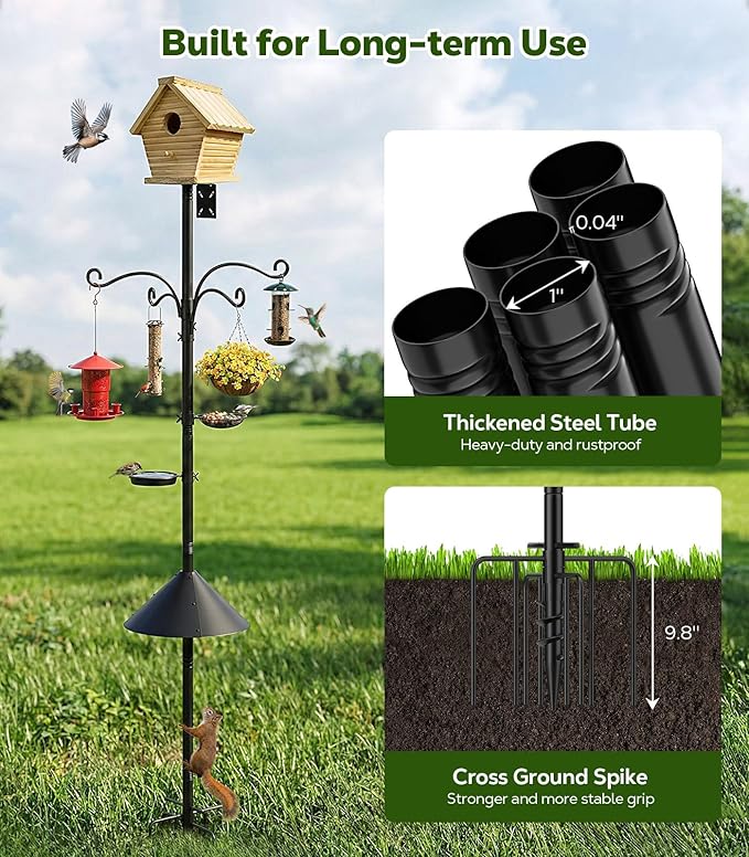 MoKo Bird Feeder Pole, 92 inch Bird Feeding Station Heavy Duty with Squirrel Baffle and 9 Prong Base, Includes Water Bowl and Mesh Tray for Feeding, for Gardens and Courtyards, No Bird House, Black