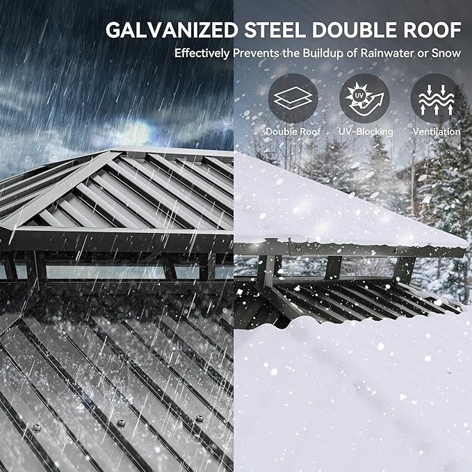 YITAHOME 12x18ft Gazebo Double Roof Hardtop Canopy Outdoor Heavy Duty w/Nettings and Curtains, Upgraded Aluminum Column Galvanized Steel Vertical Stripes Roof for Patio, Backyard, Deck, Lawns, Brown