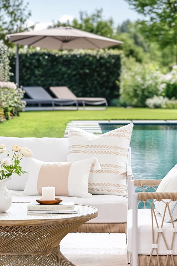 Hofdeco Premium Coastal Hampton Patio Indoor Outdoor Throw Pillow Cover Only, 22"x22" Water Repellent for Backyard, Couch, Poolside, Neutral Tan Blue Print Leaf Striped
