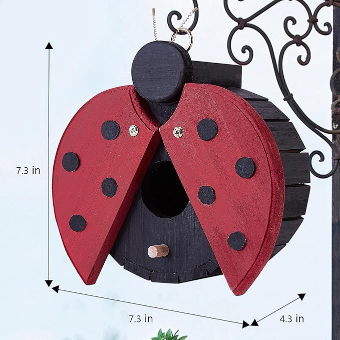 NATUREYLWL Bird Houses for Outside - Wooden Hanging Bird House - Ladybug-Shaped Birdhouse for Finches, Wrens, Cardinals - Outdoors Bluebird Nesting Box - Cute Garden Decor for Wild Birds