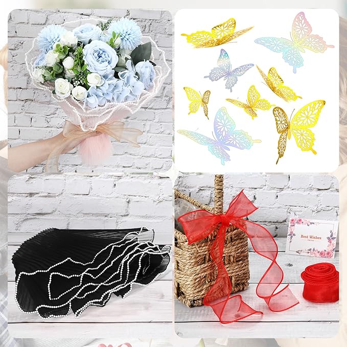 Gilprop 12 Pcs Mother's Day Flower Wrapping Mesh Paper Kit, 11 Inch x 4 Yard Wavy Pearl Edge Flower Bouquet Packaging Mesh Florist Supplies with 4 Ribbons and 24 3D Butterflies for Mother's Day